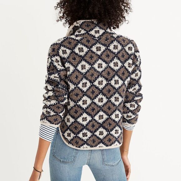Madewell Popover Sweater Fuzzy Teddy Bear Style Fleece 1/4 Zip Diamond Print M - Picture 14 of 15